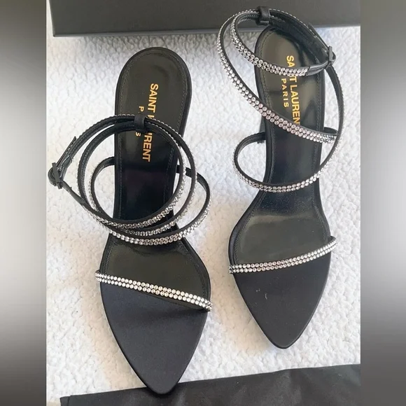 Saint Laurent Georgia Sandals In Crepe Satin With Rhinestones - Picture 13 of 16